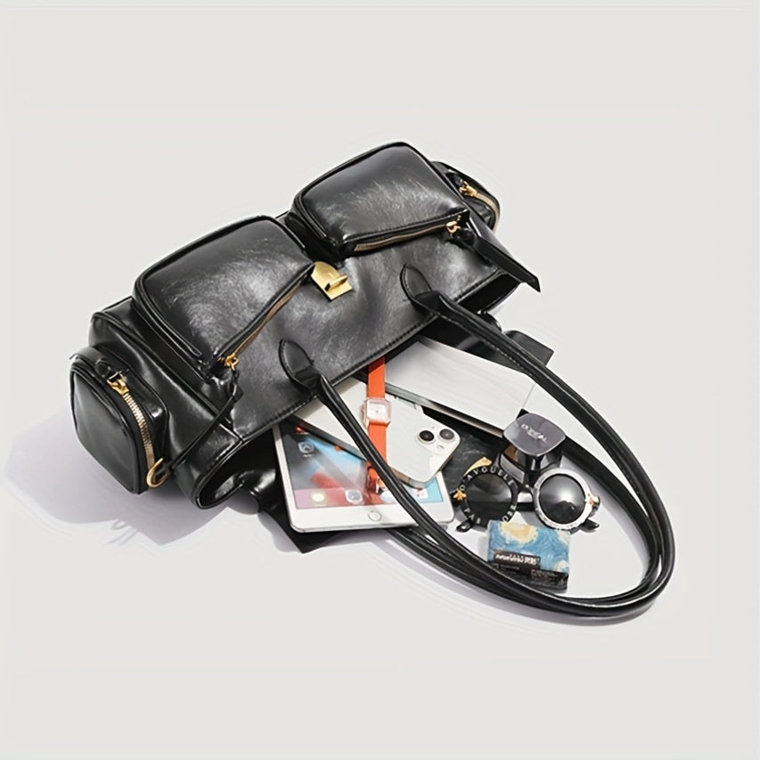 Retro French Baguette Bag - Faux Leather Kiss Lock Clutch with Long Shoulder Strap & Multi-Pocket Crossbody (Black, Dark Brown)