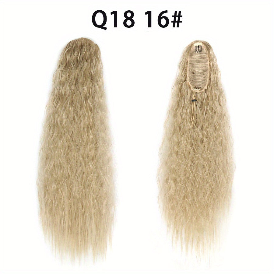 22-inch (56 cm) Water Wave Drawstring Ponytail - Synthetic Clip-In Curly Hair Extension for Women, Natural Black