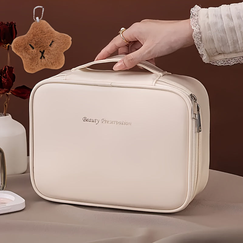 2-Piece Travel Makeup Bag Set - Large Capacity Multi-Layer Faux Leather Cosmetic Organizer with Detachable Brush Holder (White, Black, Pink, Dark Brown)