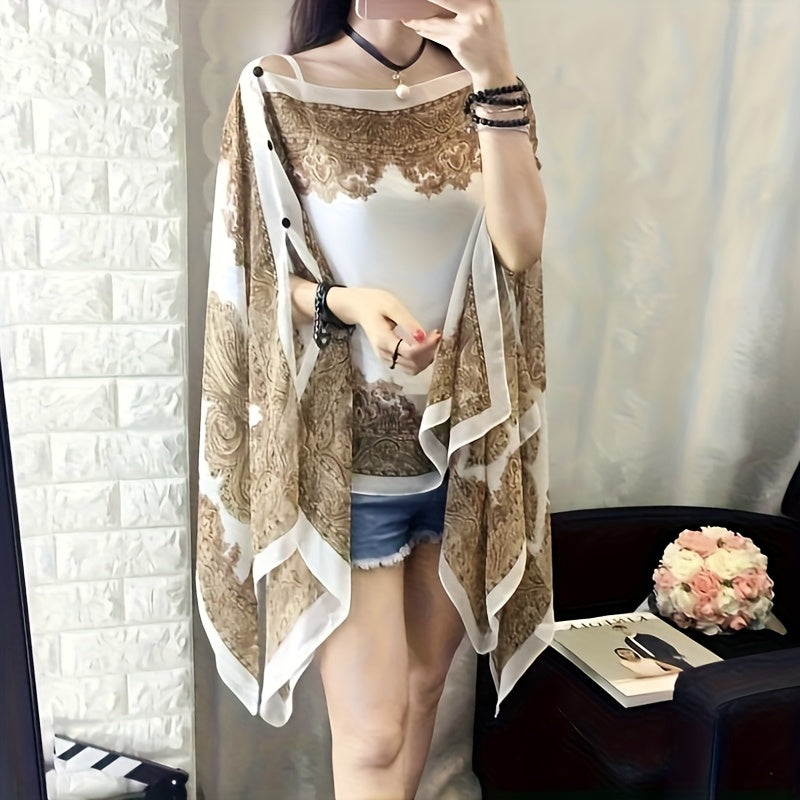 Plus Size Bohemian Floral Chiffon Shawl Scarf – Lightweight Wrinkle-Resistant Beach Cover-Up Wrap for Women