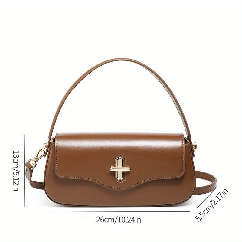 Women's Genuine Leather French Baguette Handbag – Minimalist Gold Hardware, Crossbody & Shoulder Purse