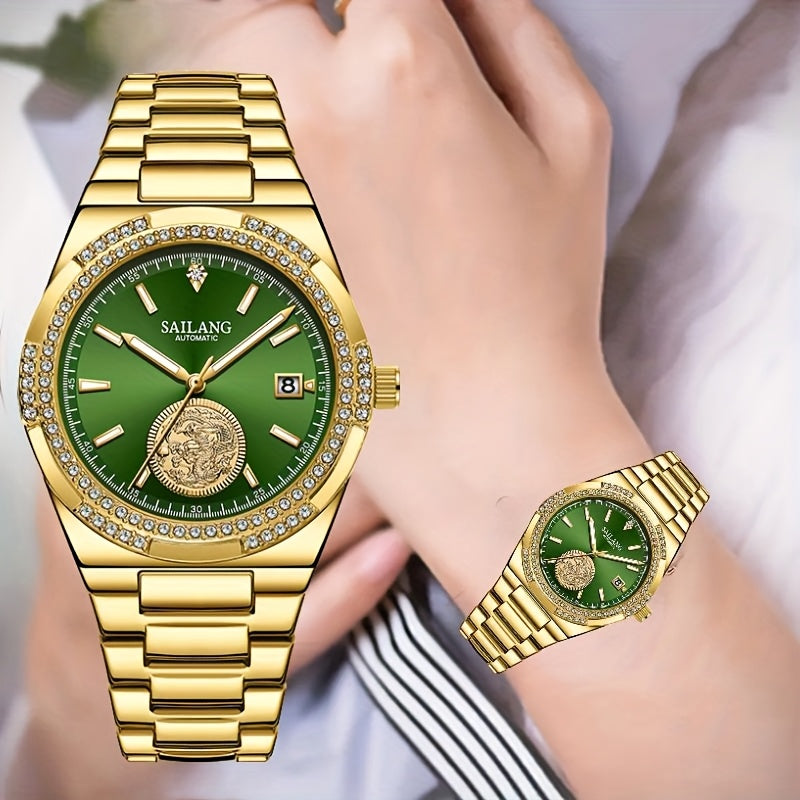 SAILANG Automatic Mechanical Unisex Watch – Green Luminous Dial, Gold-Tone Rhinestone-Embellished Case, Alloy Band, Date Display