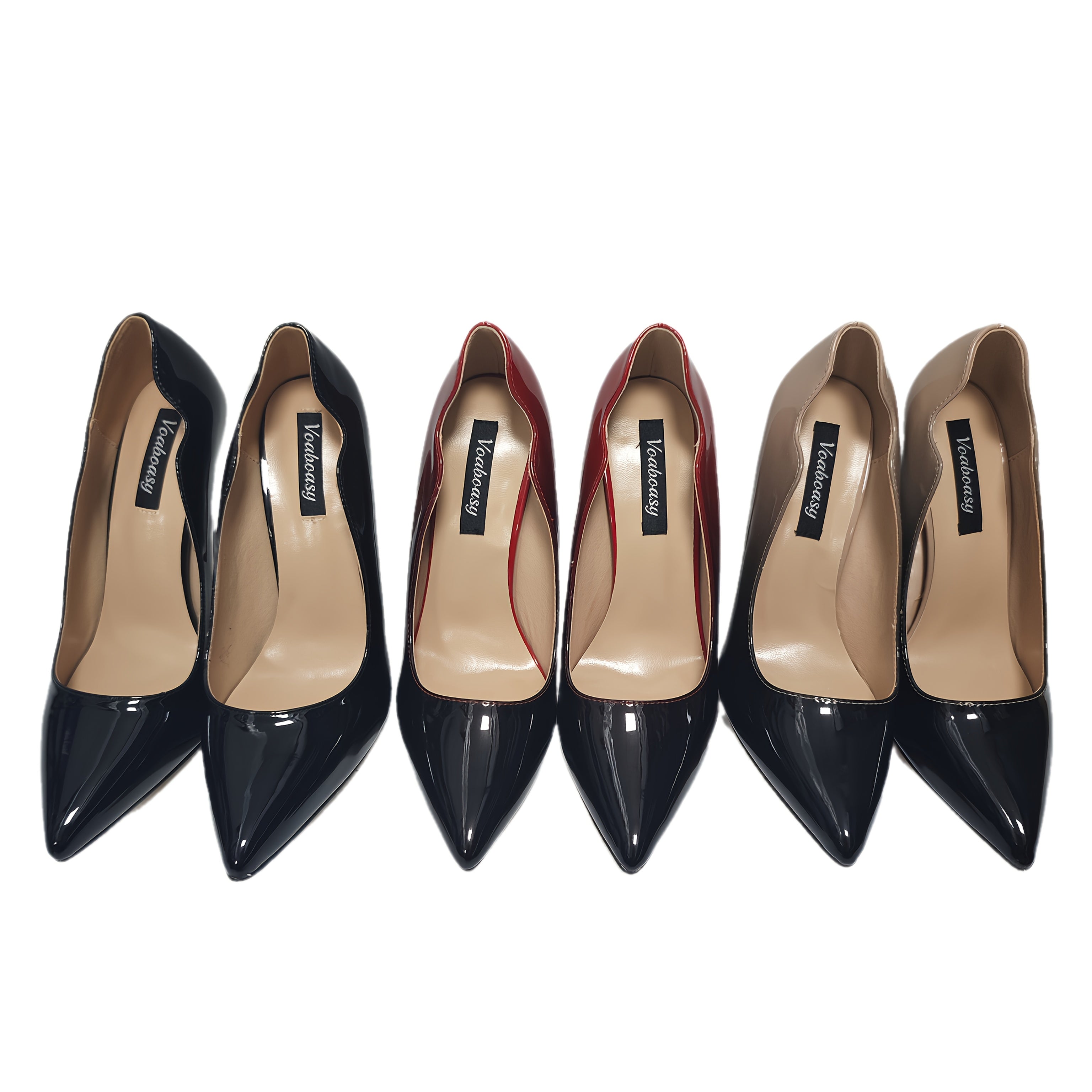 VOABOASY Women's Pointed-Toe Stiletto Heels – Black & Red Glossy Faux Leather Pumps with Comfort PU Insole & Rubber Sole