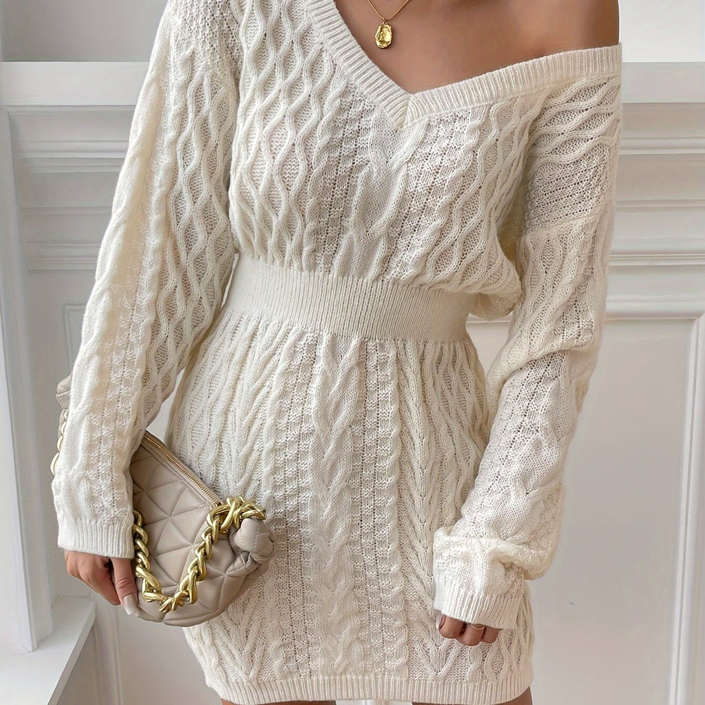 Women's Beige V-Neck Long Sleeve Sweater Dress – Stretch Knit, Form-Fitting Office-to-Party