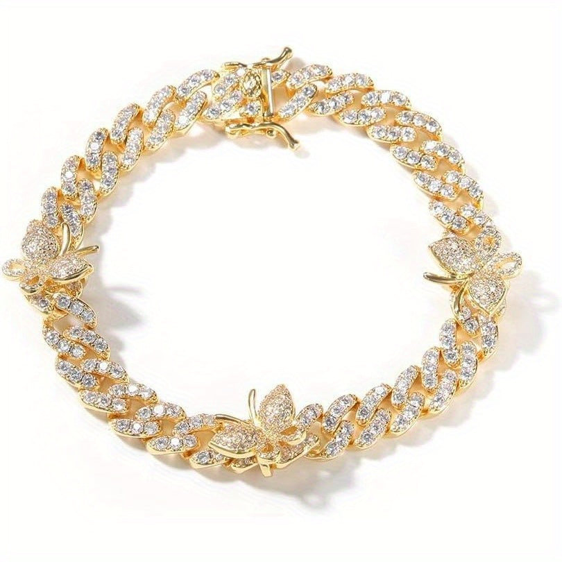 925 Sterling Silver Cuban Link Bracelet 18K Gold Plated with Butterfly Pendants & Lab Moissanite Accents – Elegant Gift for Valentine’s Day & Parties