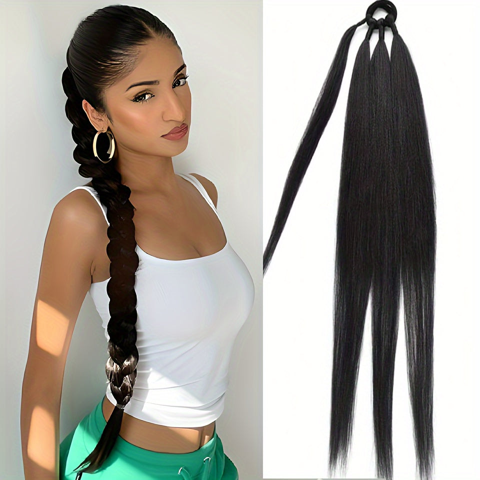28-inch (71 cm) Long Straight Synthetic Ponytail Extension with Elastic Band - Black Heat-Resistant Soft Fiber