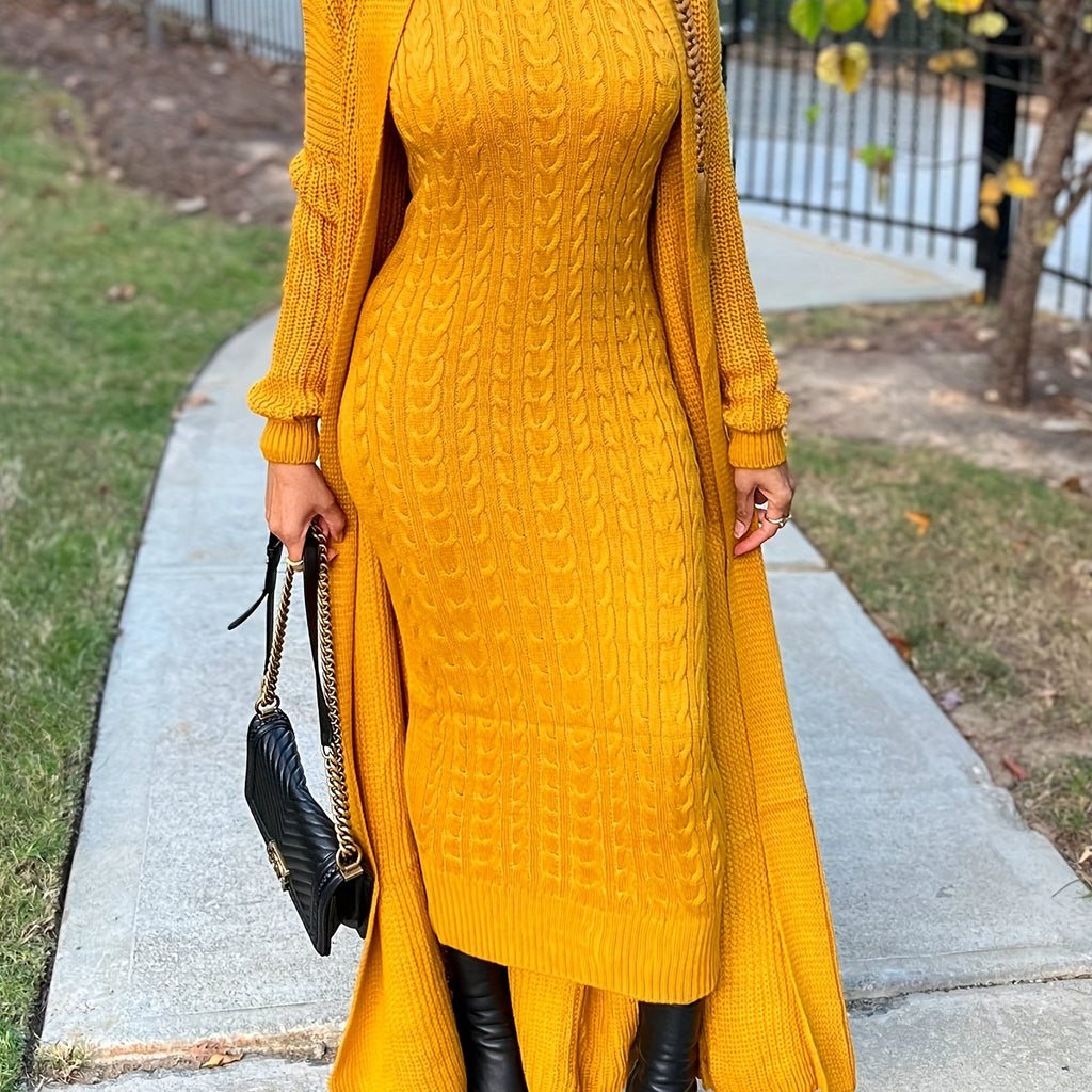 Round Neck Twist Corduroy Sweater Dress — Long Sleeve Knit, 100% Acrylic