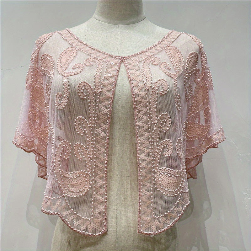 Beaded Sequin Shawl Short Mesh Capelet – Sparkle Party Wrap Cover-Up, 18 in (46 cm)