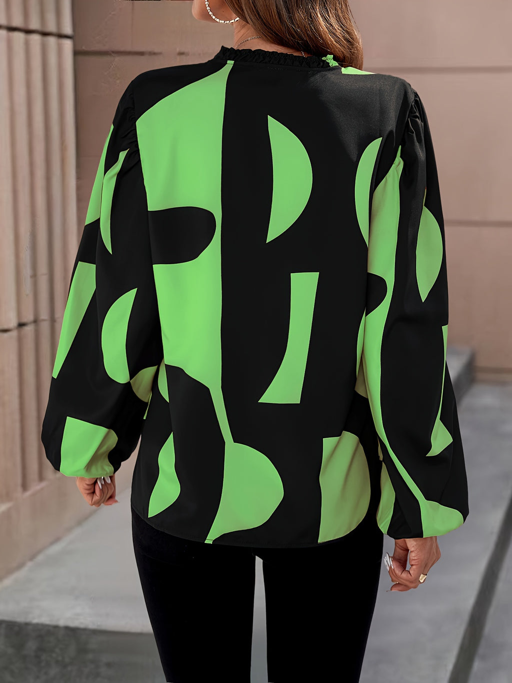 Elegant Black & Red Color Block Puff Sleeve Blouse for Women - Opaque Machine-Washable Spring/Fall Top