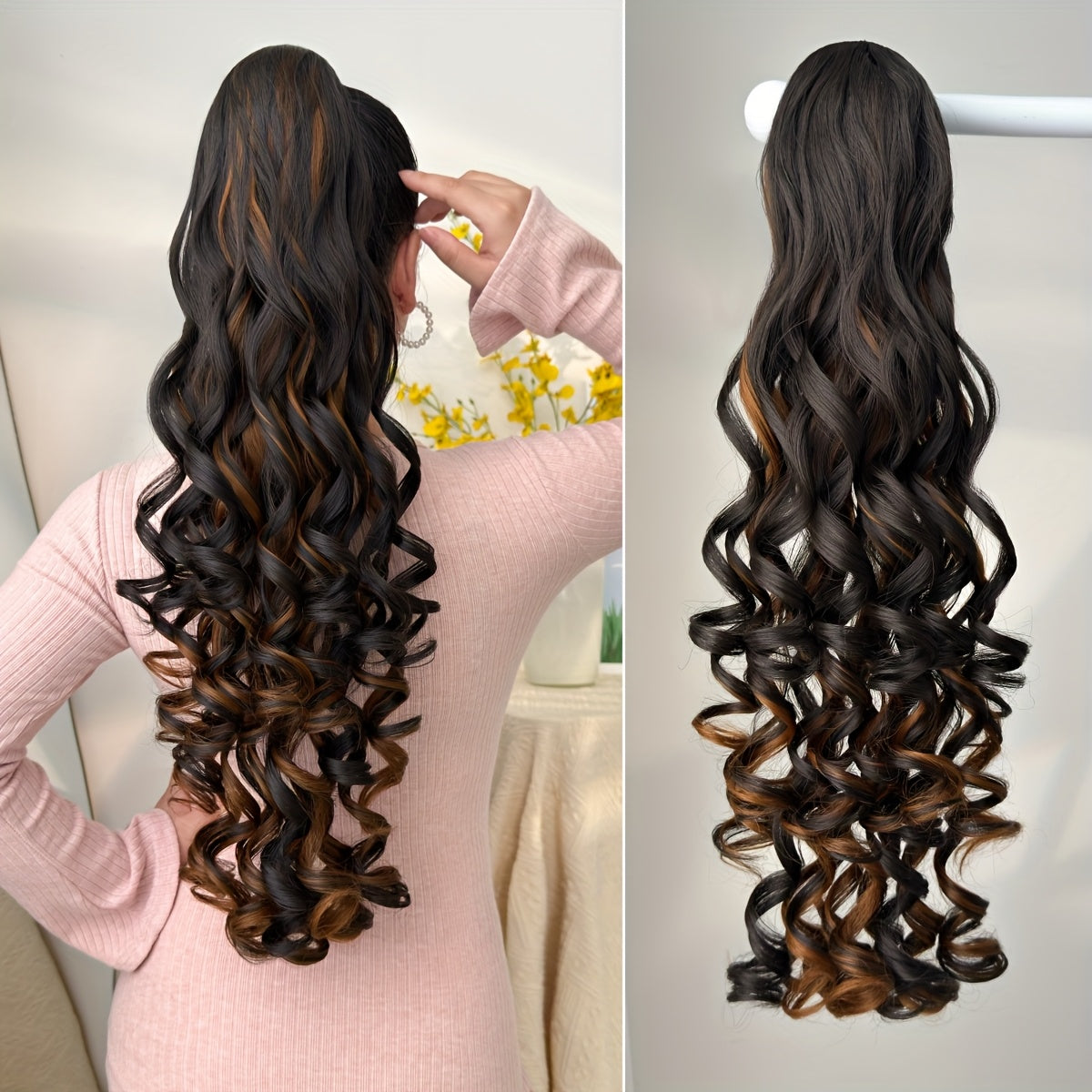 28-inch (71 cm) Deep Wave Drawstring Clip-On Ponytail Hair Extension, Heat-Resistant Synthetic, Multi-Color