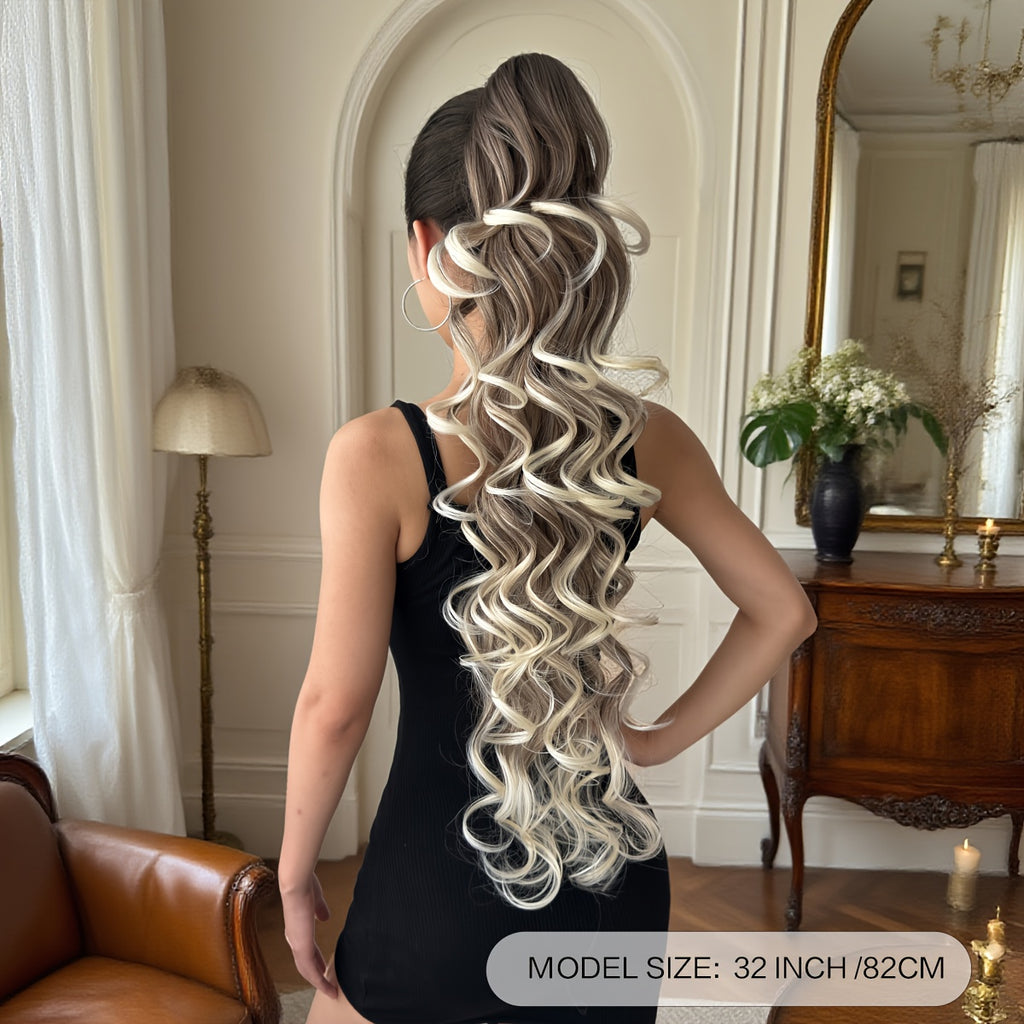 32 in (81 cm) Deep Wave Claw Ponytail Extension - Heat-Resistant Synthetic Clip-In, Burgundy/Brown/Black/Red Gradient