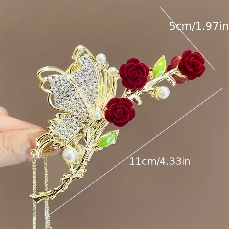 Vintage Butterfly Hair Clip with Faux Pearls & Rhinestones, Red & Gold Tassel Hair Accessory for Women