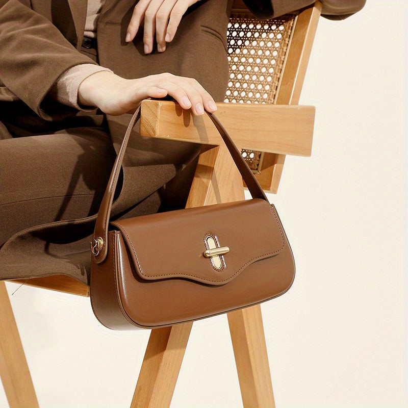 Women's Genuine Leather French Baguette Handbag – Minimalist Gold Hardware, Crossbody & Shoulder Purse