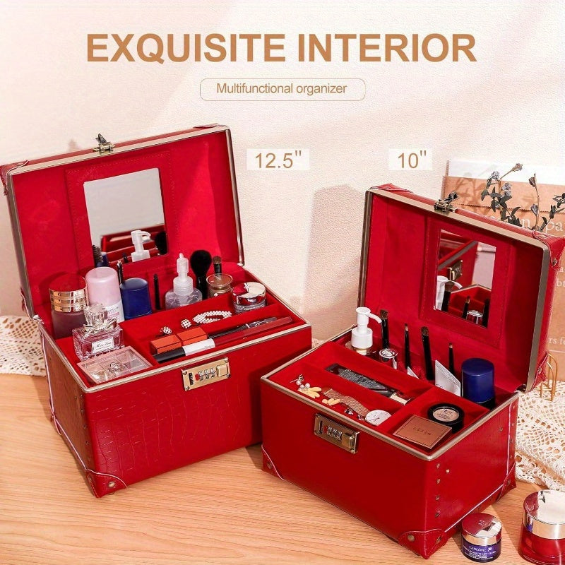 Retro Leather-Look Makeup Train Case with Combination Lock — 12.5 in (32 cm) Red Crocodile Cosmetic Organizer
