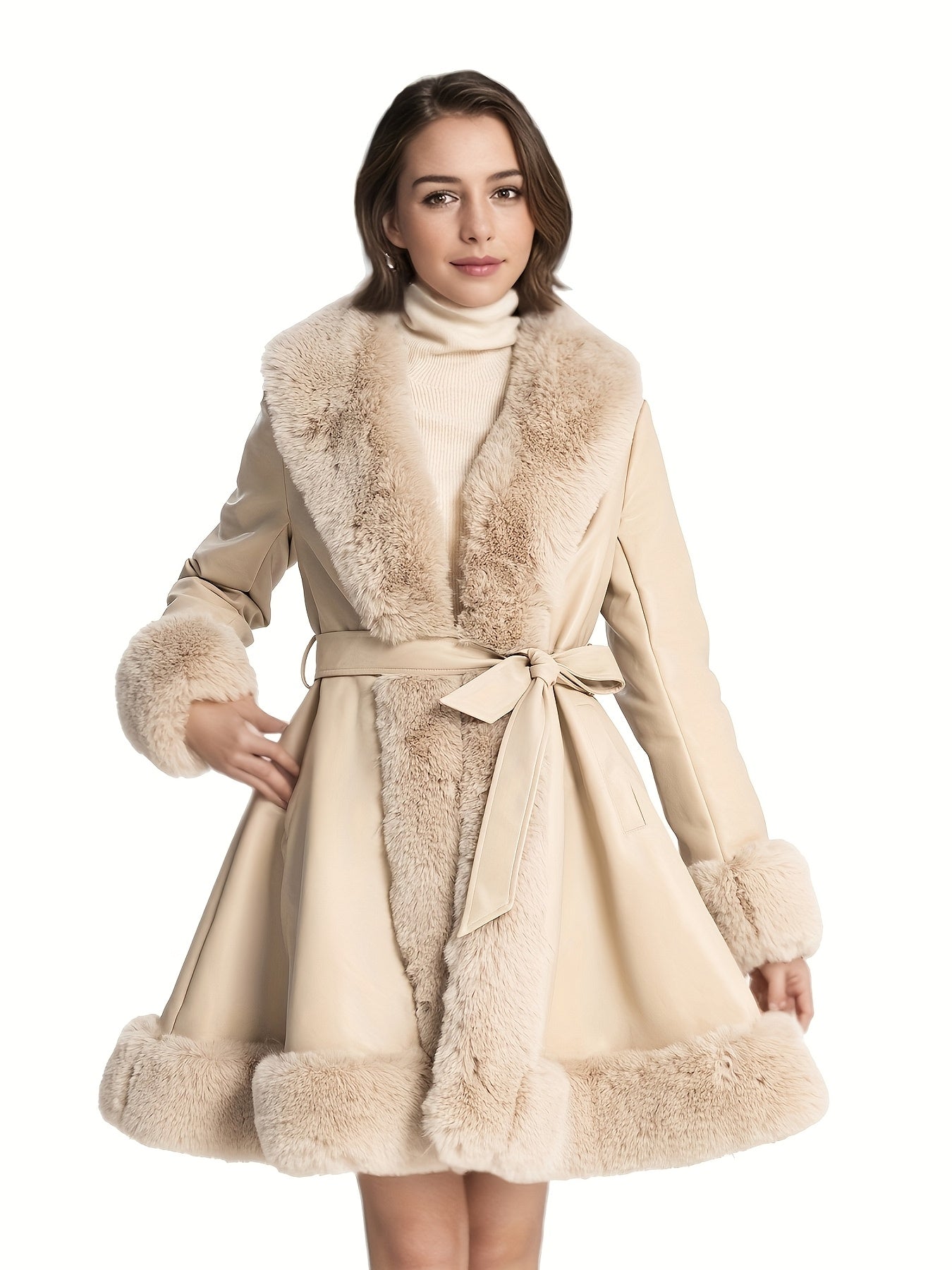 Women's Midi Faux Fur-Lined Faux Leather Belted Coat, Elegant Winter Long Sleeve Jacket