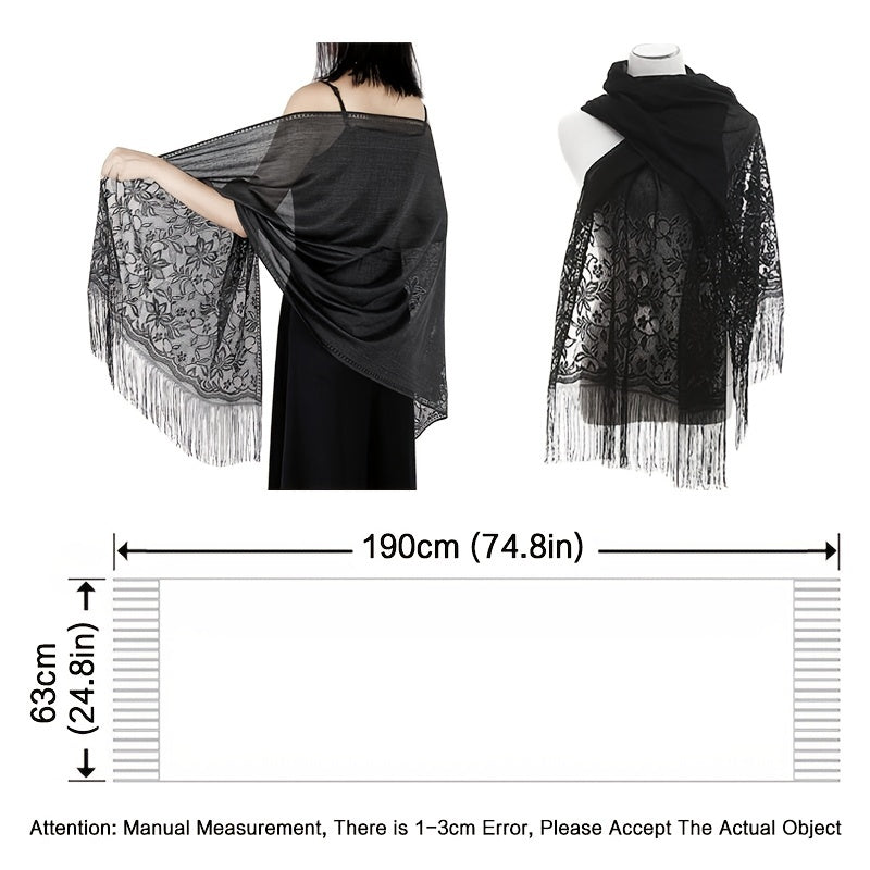 Lightweight Fringe Shawl Wrap for Women — Solid Floral Lace Evening Scarf for Weddings & Parties