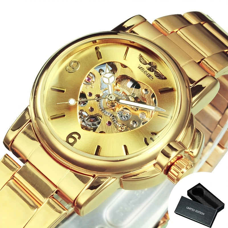T-WINNER Women's Automatic Mechanical Watch – Luxury Gold Skeleton Dial, Luminous Hands, Stainless Steel Strap with Folding Safety Clasp