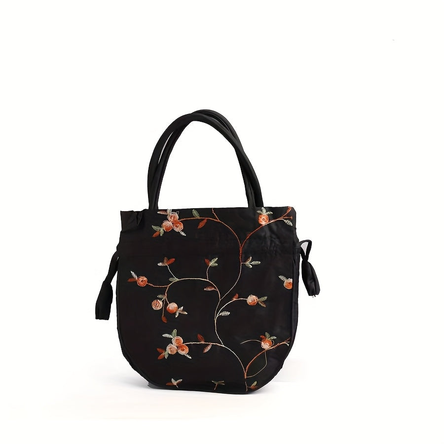 Elegant Floral Embroidered Drawstring Clutch – Cute Bucket Purse with Polyester Lining for Coins & Phone (Multiple Colors)
