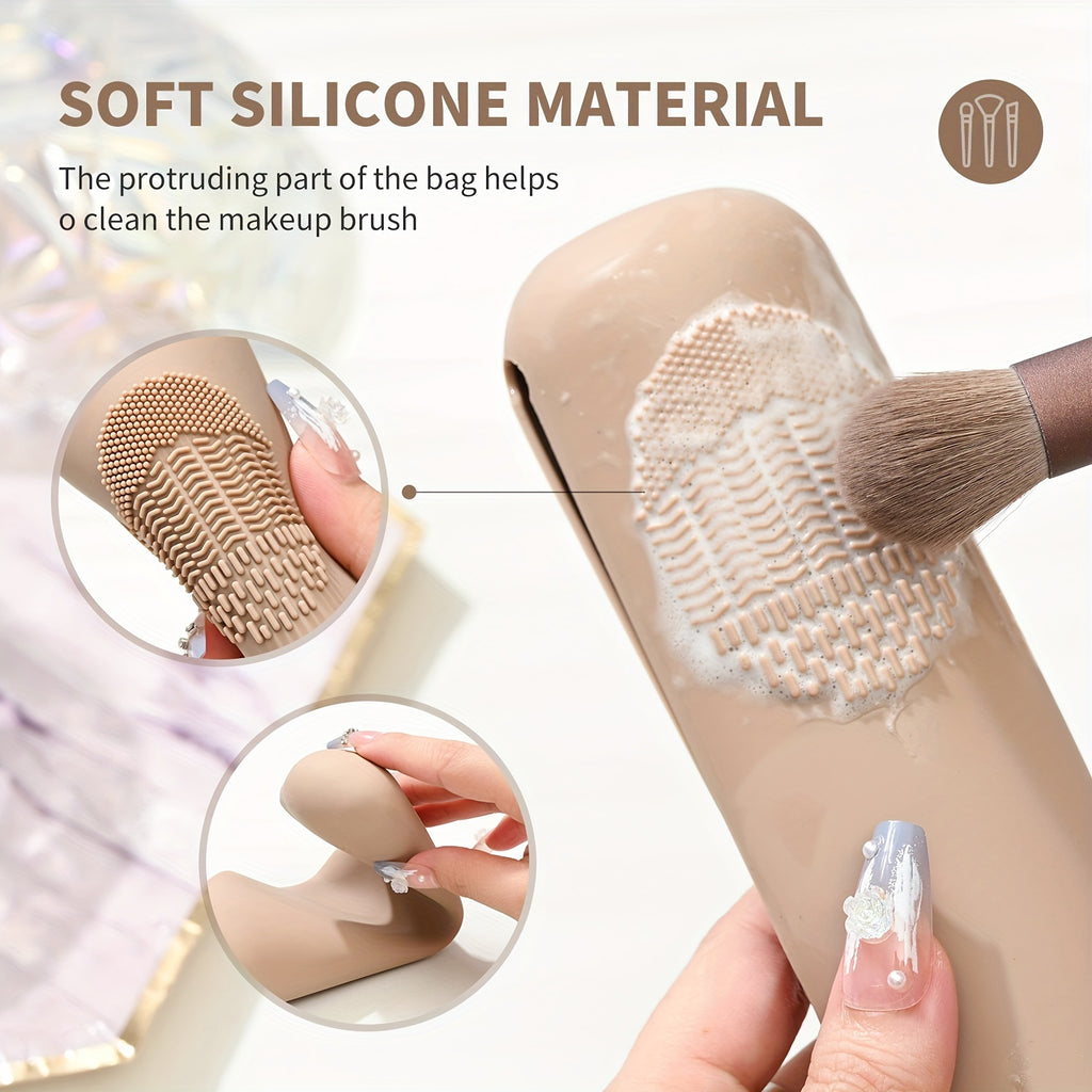 Beige Silicone Travel Makeup Brush Holder - Magnetic Closure, Anti-Fall Portable Makeup Brush Organizer