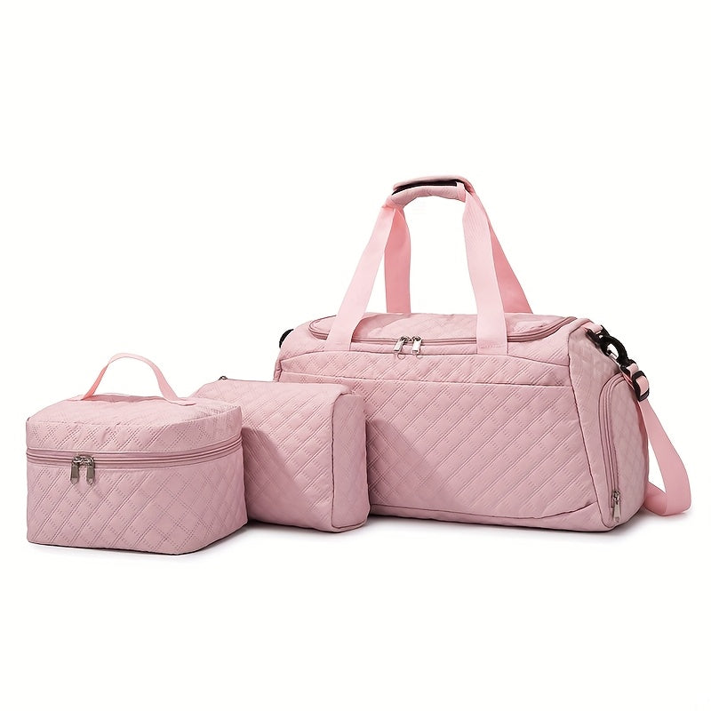 Women's Quilted Diamond 3-Piece Bag Set – Large Capacity Nylon Travel Tote, Removable-Strap Handbag & Square Makeup Bag