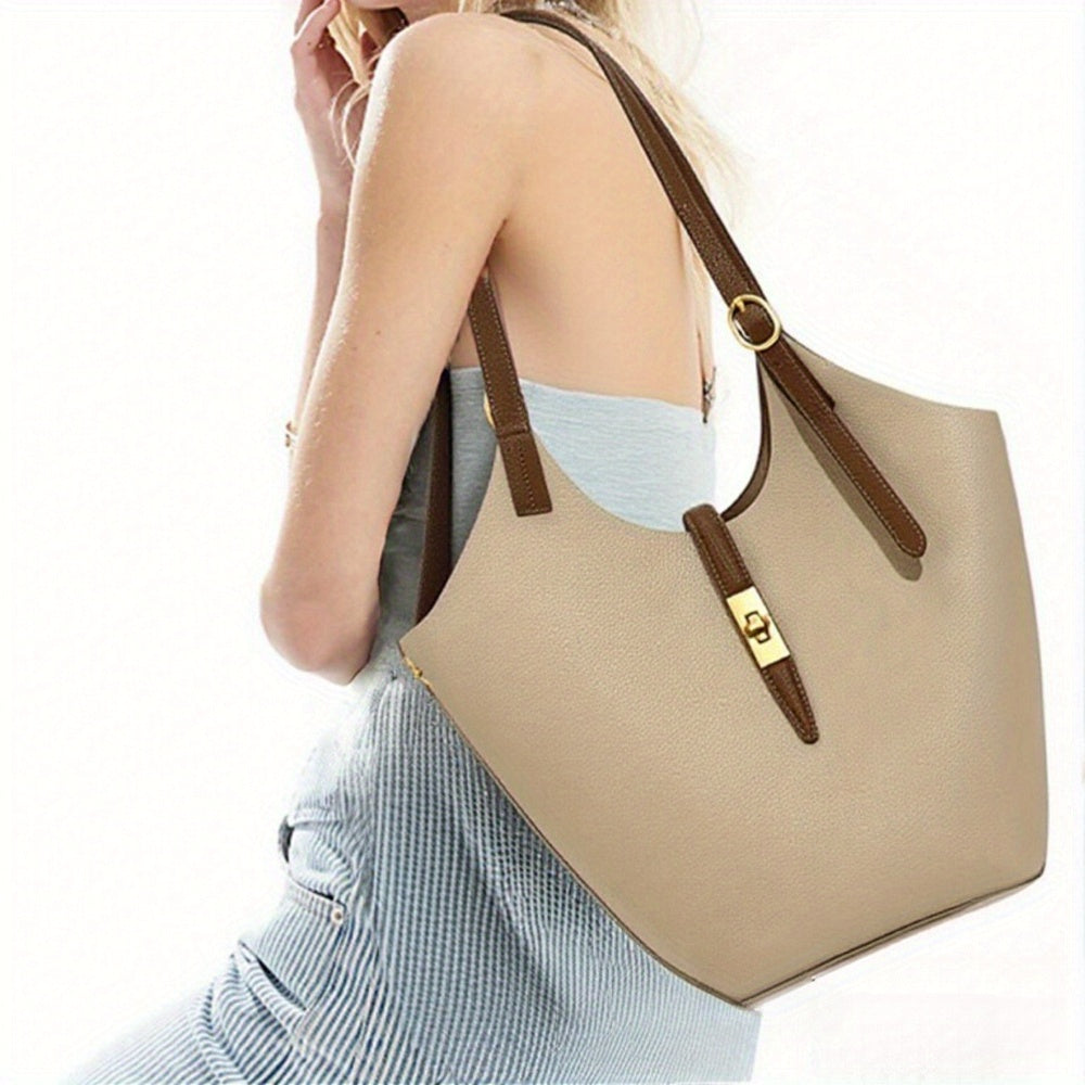 Women's Khaki PU Bucket Bag - Large Capacity Shoulder, Handheld & Crossbody Handbag with Tartan Pattern