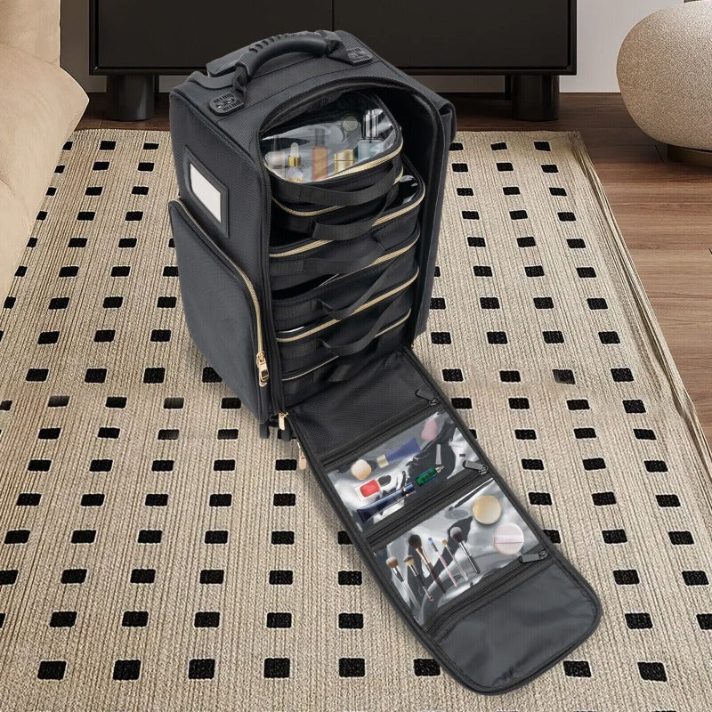 Rolling Makeup Train Case for Makeup Artists – Heavy-Duty Cosmetic Organizer with Brush Slots, Multiple Compartments, Telescopic Handle & Gold-Tone Hardware