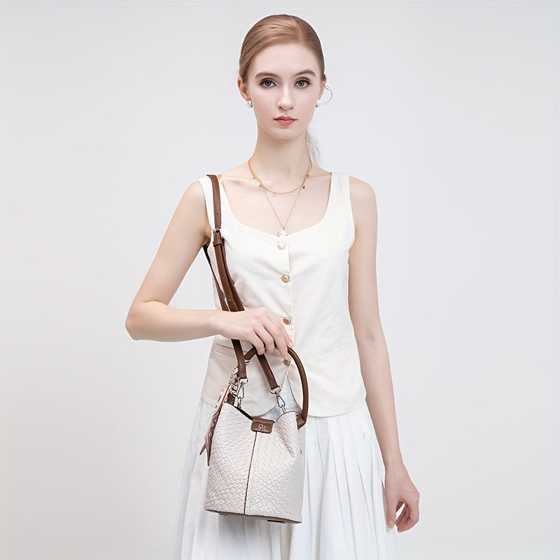Women's Woven Bucket Bag – Large Capacity Shoulder & Crossbody Handbag with Adjustable Detachable Strap, Polyester-Lined, Multiple Colors