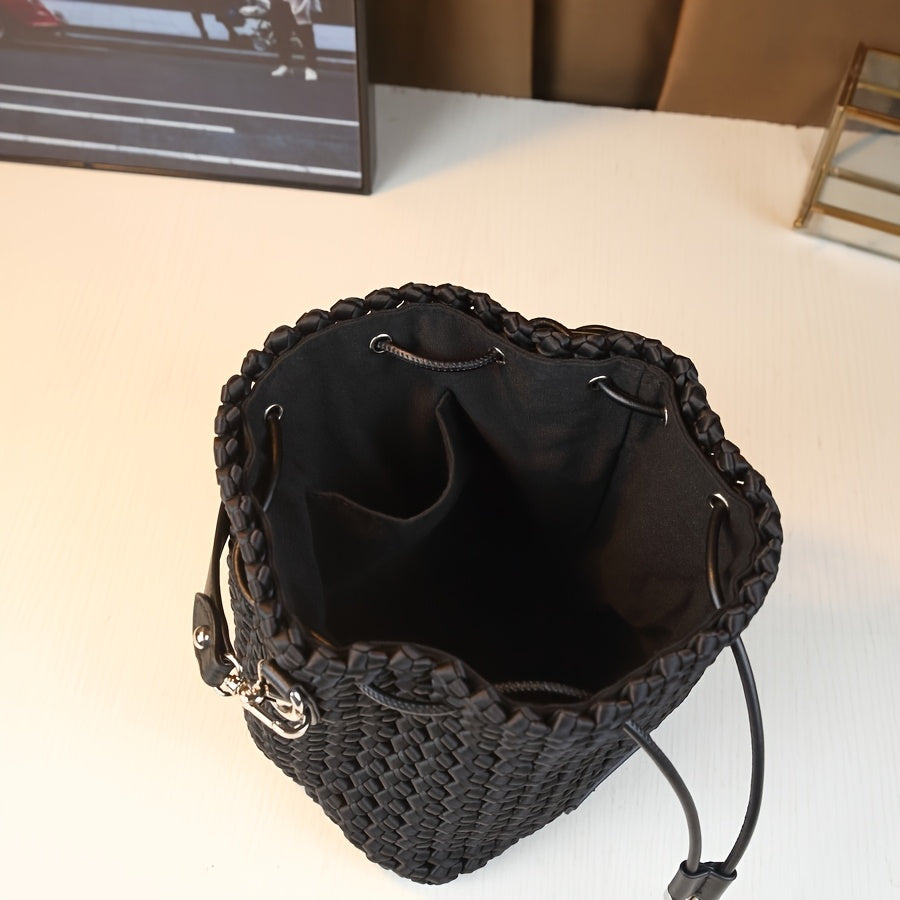 Women's Handwoven Mini Bucket Bag - Detachable Adjustable Shoulder Strap, Drawstring Closure, Durable Nylon Crossbody Purse, Black
