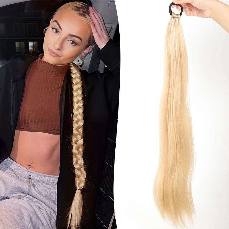 28-Inch (71 cm) Long Straight Synthetic Ponytail Extension, Wrap-Around Boxing Braid with Elastic Hair Ring for DIY