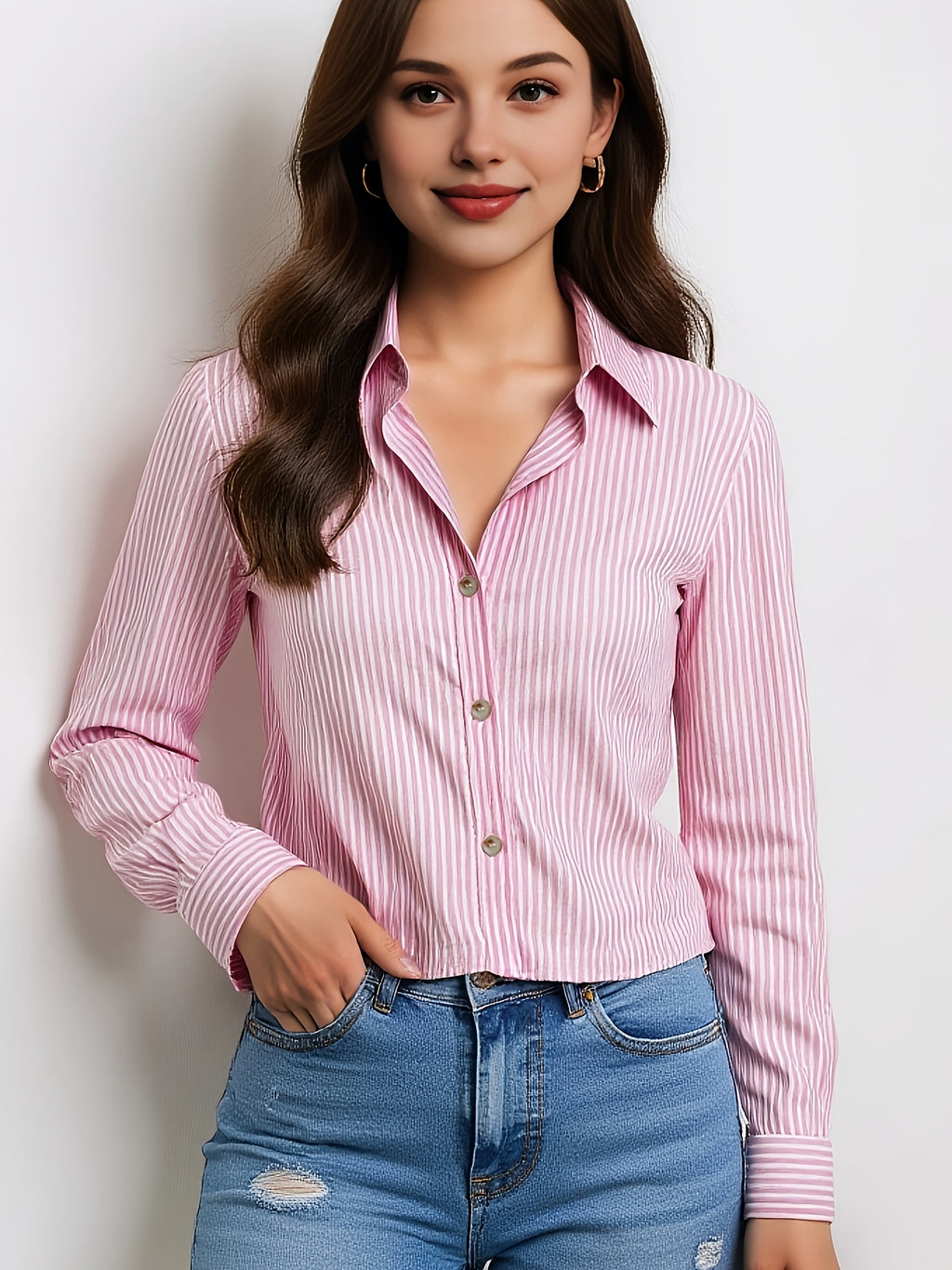 Elegant Blue Striped Lapel Shirt for Women – Versatile Button-Down, 100% Polyester