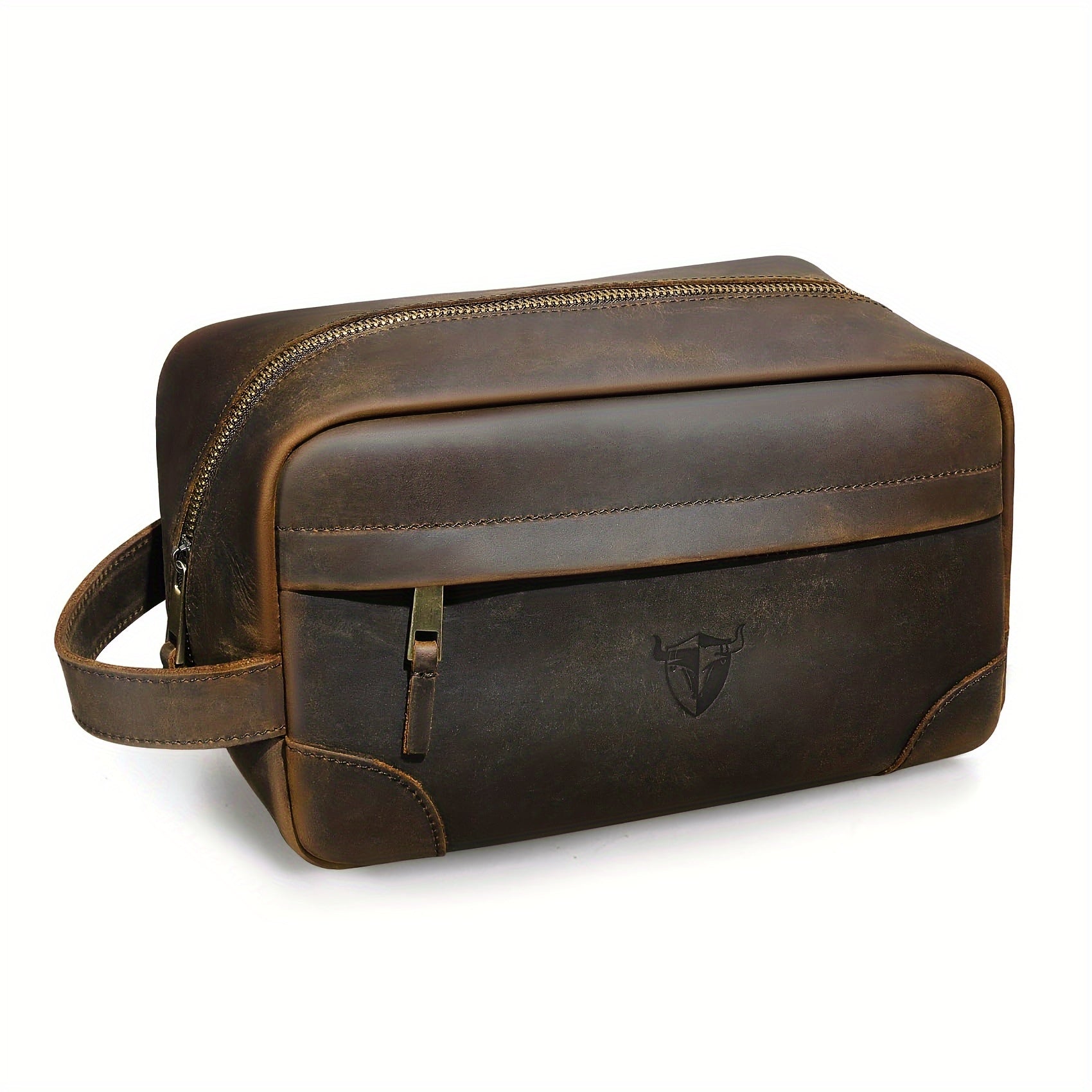 Top-Grain Cowhide Leather Men's Retro Dopp Kit Toiletry Bag – Zippered Multi-Compartment