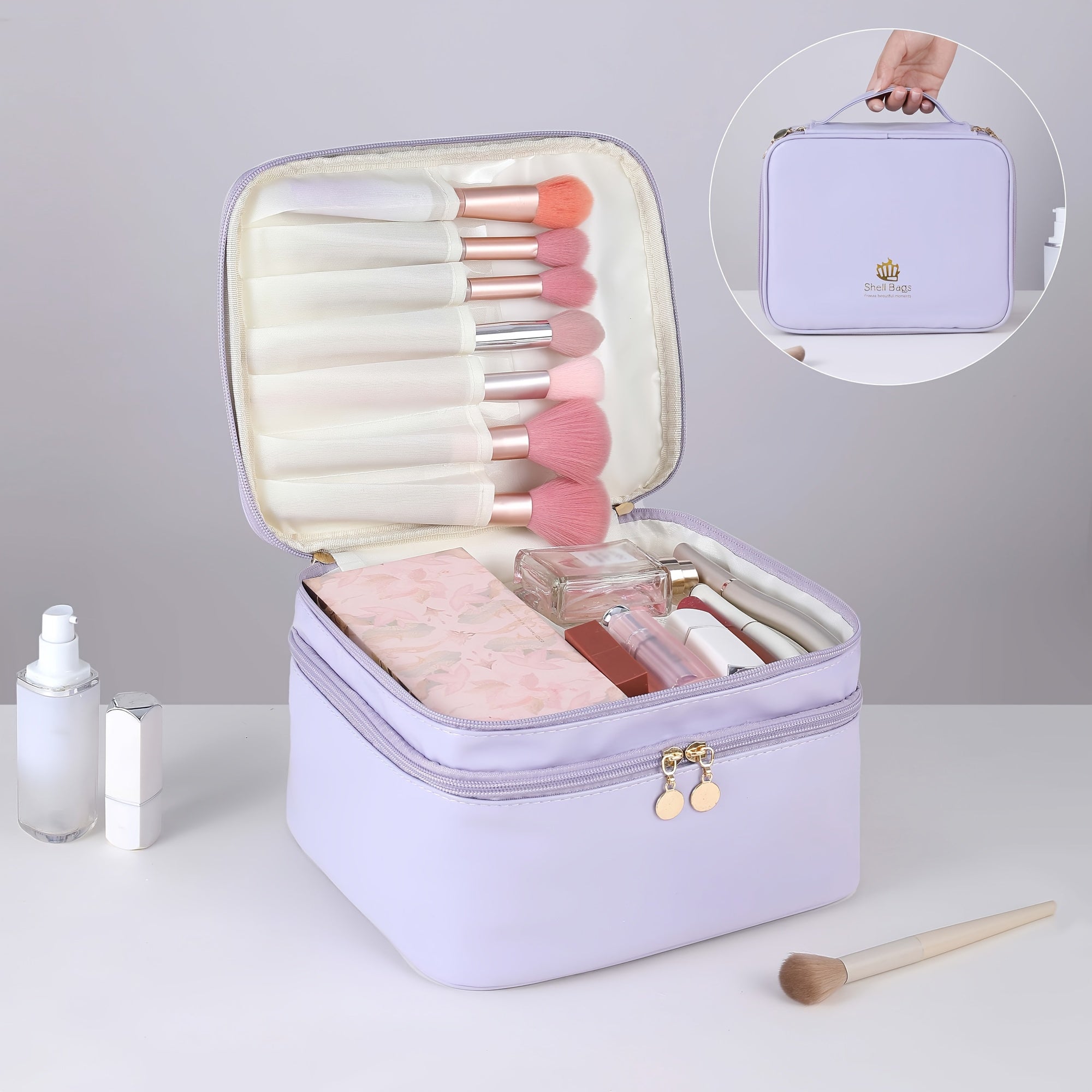 Double-Layer PU Large Capacity Travel Makeup Bag Portable Toiletry Cosmetic Organizer