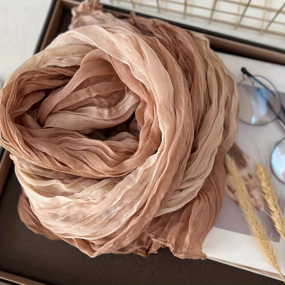 Gradient Blue Pleated Scarf - Lightweight Breathable Viscose Shawl Wrap, Boho Beach & Casual Long Scarf