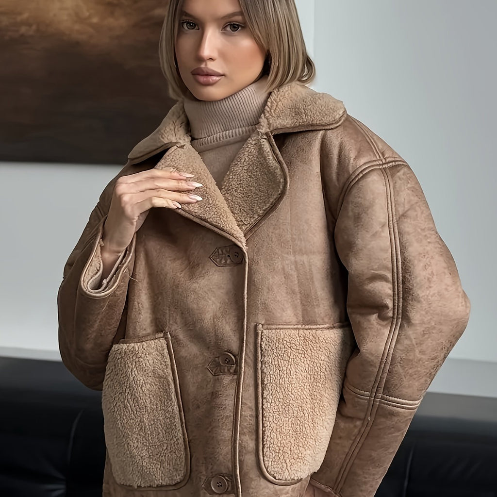 Women’s Cream Faux Fur-Lined PU Leather Jacket — Thick Winter Coat with Turtleneck, Asymmetrical Hem & Side Pockets