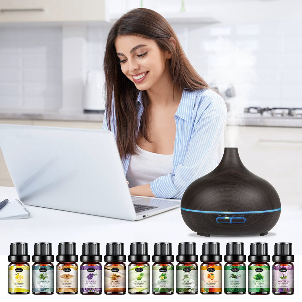 550ml (18.6 fl oz) Ultrasonic Essential Oil Diffuser with 12-Pack Oils, Remote, 7-Color LED & Timers — Large Aroma Humidifier for Bedroom Spa Yoga Hotel