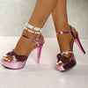 Women's Sparkling Glitter Open-Toe Stiletto Heels with Ankle Strap — Sparkly Party, Wedding & Formal Shoes (Purple, Peach, Copper, Clear)
