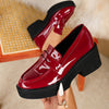 Burgundy Chunky Platform Penny Loafers for Women – Glossy Round-Toe Slip-On with Thick Rubber Sole