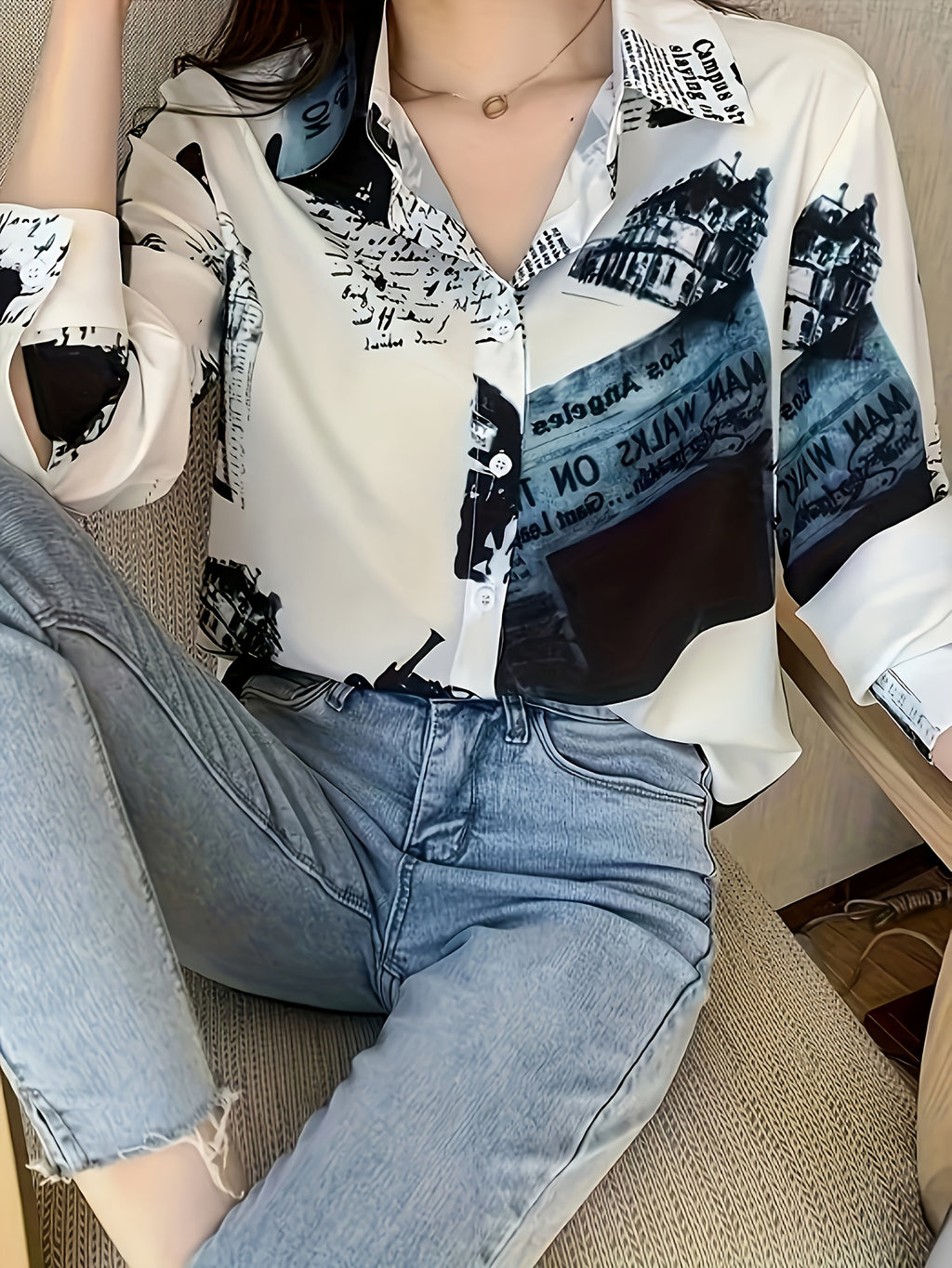 Women's Letter Print Button-Up Blouse - Long Sleeve Collared Polyester Shirt, Machine Washable