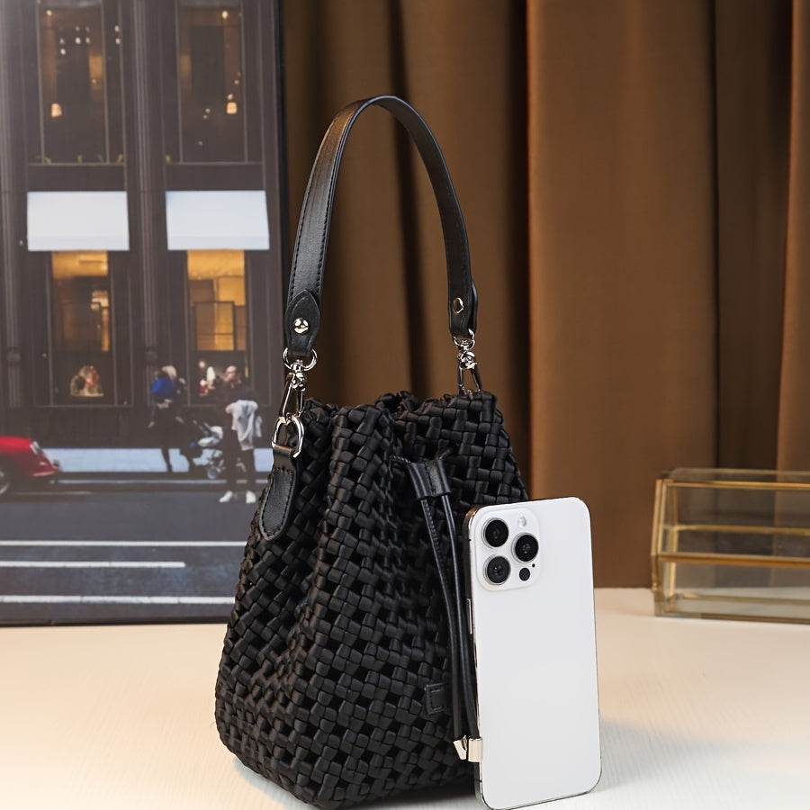 Women's Handwoven Mini Bucket Bag - Detachable Adjustable Shoulder Strap, Drawstring Closure, Durable Nylon Crossbody Purse, Black
