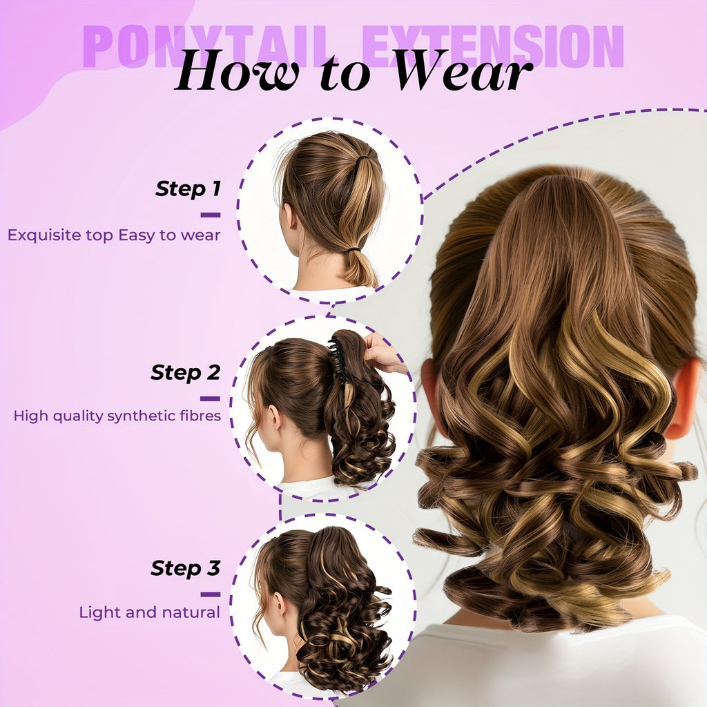SLEEKCUTE Curly Wavy Clip-In Ponytail Extensions – High-Heat Synthetic Hair for Instant Volume & Natural Bounce