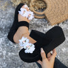 Women’s 3D Floral Platform Sandals - Black Open-Toe Slip-On with EVA Sole