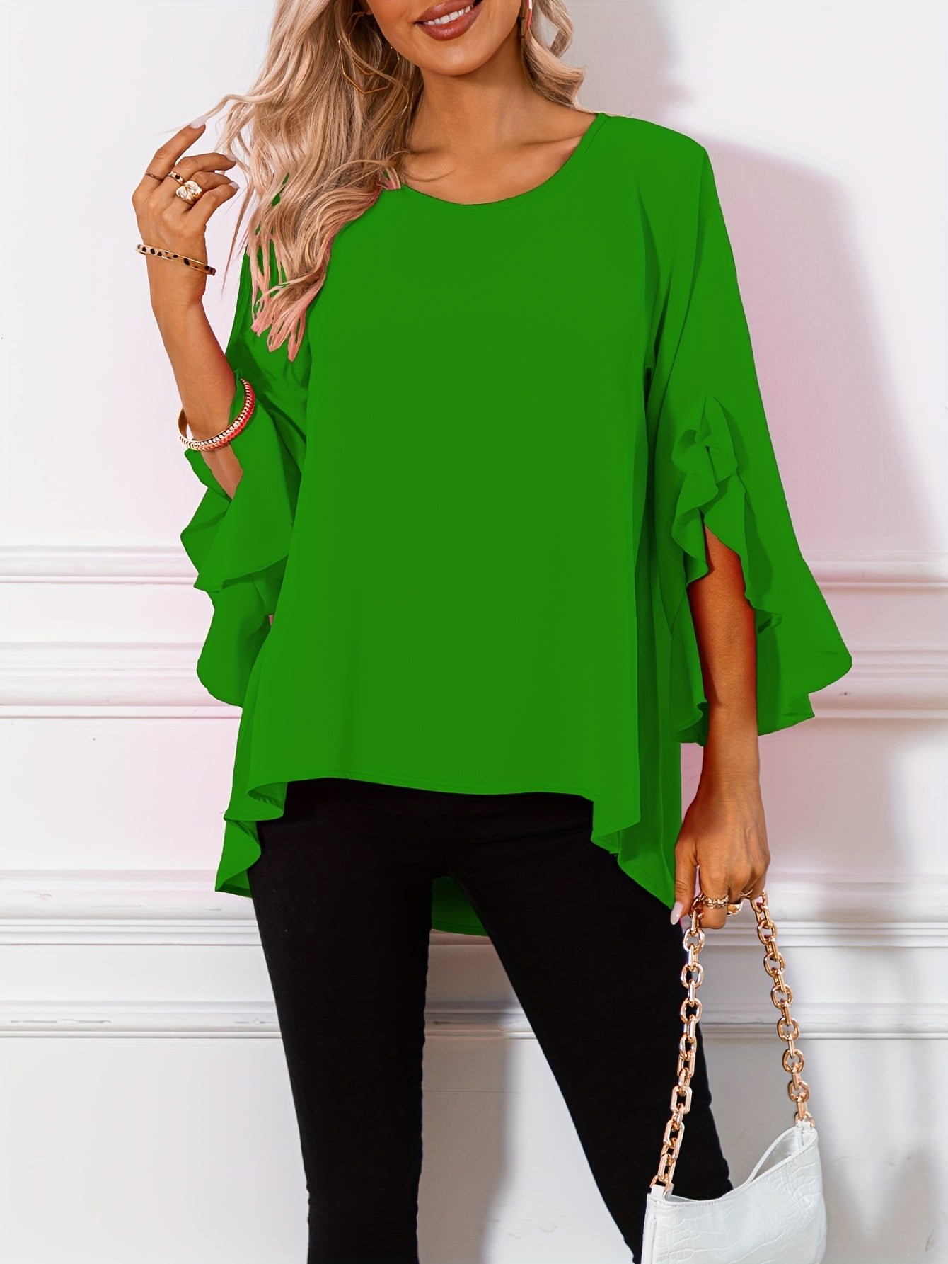 Women's Solid Crew Neck Ruffle Sleeve Blouse – Elegant Spring & Summer Woven Top