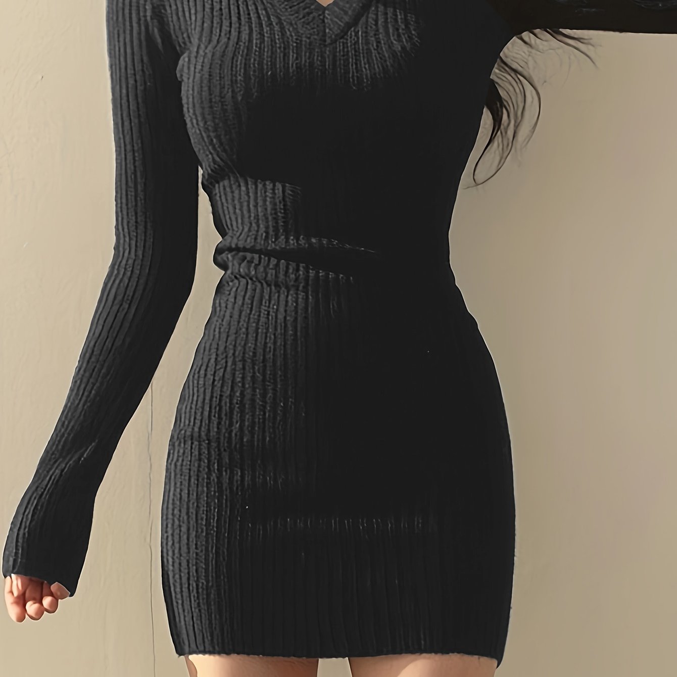 Women's Elegant V-Neck Knit Sweater Bodycon Dress - Long Sleeve Fall Winter