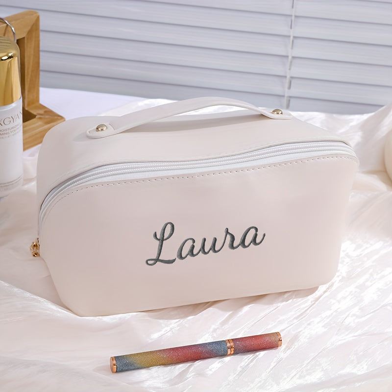 Embroidered Personalized Large Capacity Makeup Bag - Travel Toiletry Organizer with Zipper & Top Handle (Black, Brown, Pink)