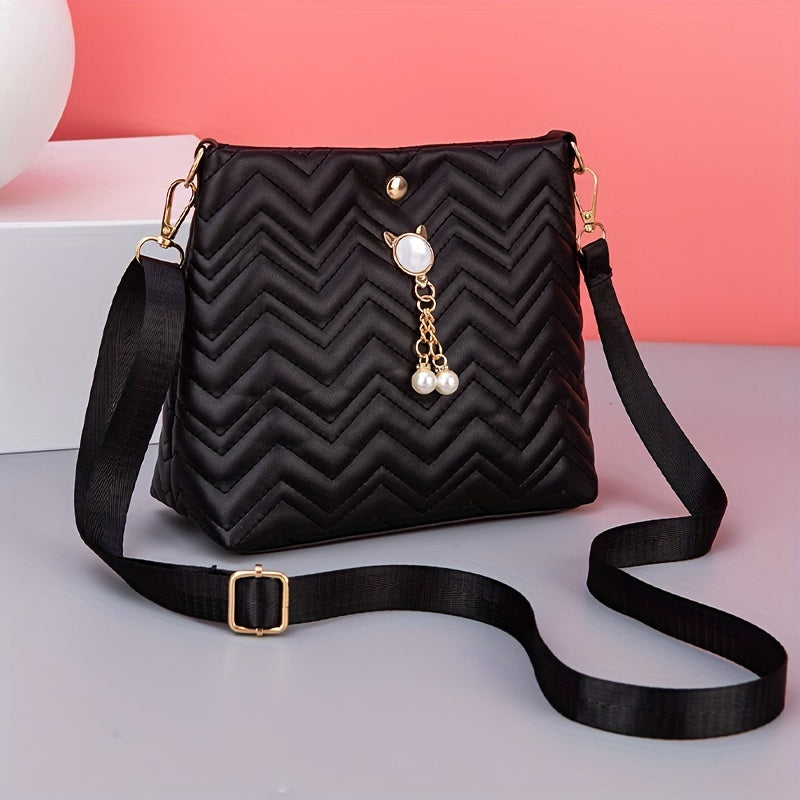 Wave Quilted Mini Bucket Crossbody Bag - Women's Trendy Shoulder Handbag & Purse