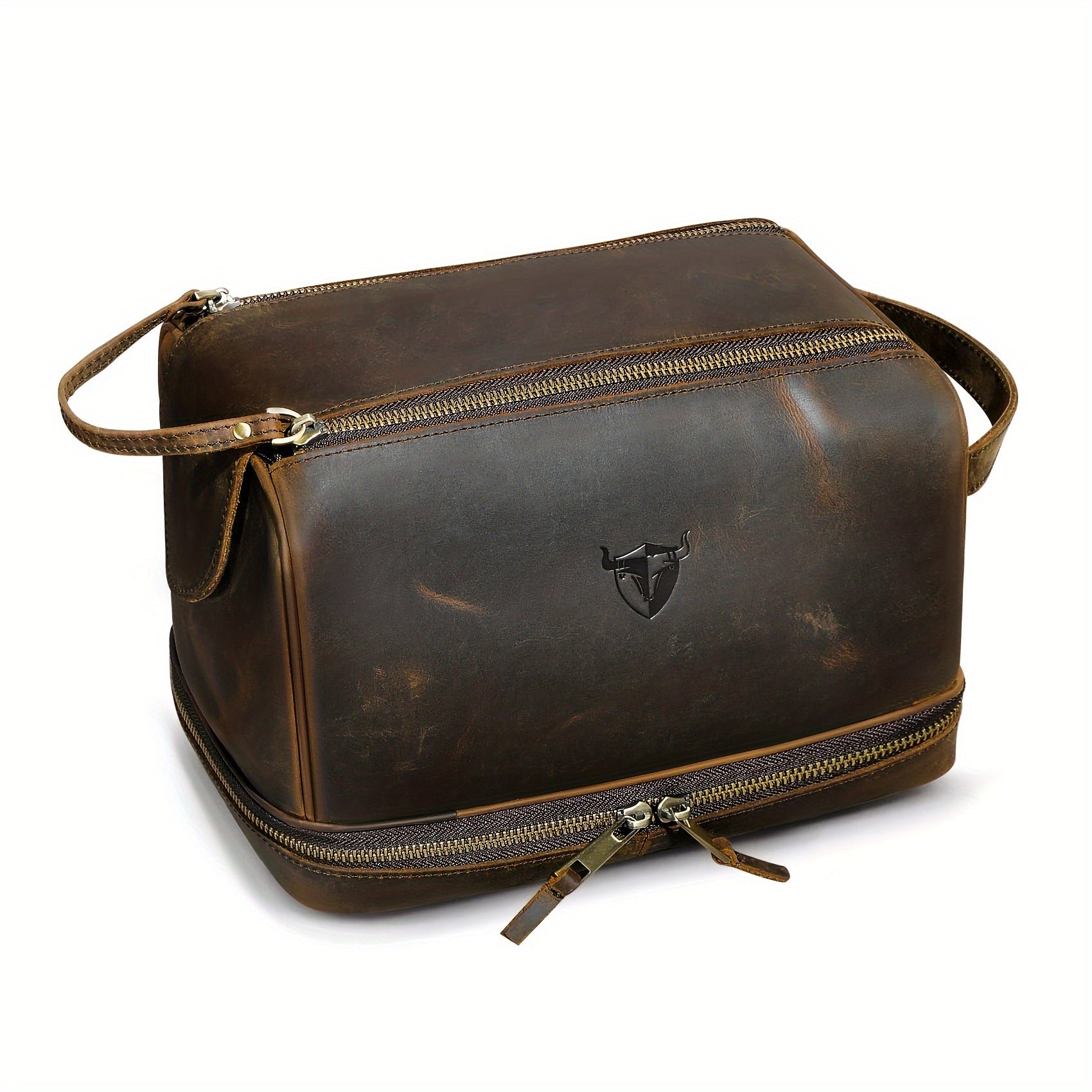 Top-Grain Cowhide Leather Men's Retro Dopp Kit Toiletry Bag – Zippered Multi-Compartment
