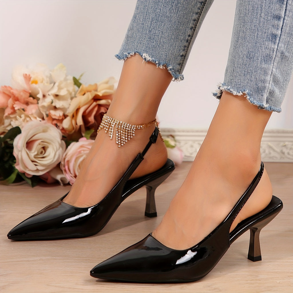 Elegant Black Pointed Toe Mid-Heel Pumps for Women - Lightweight Faux Slip-On Stiletto Heels with Rubber Non-Slip Sole, All-Season