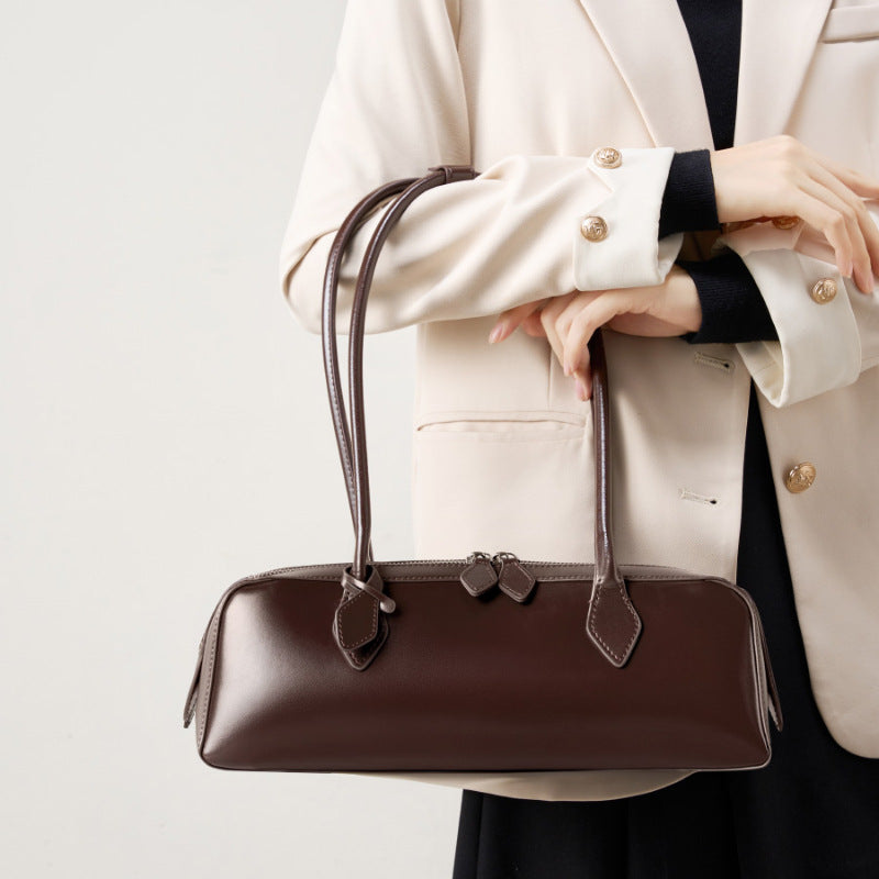 Women's Large Capacity Cowhide Baguette Shoulder Bag, Split Leather Handbag with Zipper and Adjustable Crossbody/Underarm Strap, Gold Hardware