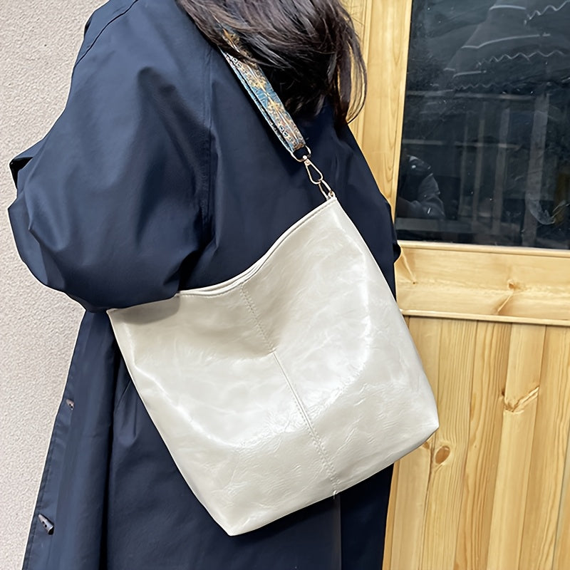 Women's Bohemian Large-Capacity Bucket Shoulder Bag – Vintage PU Leather Crossbody with Adjustable Detachable Strap & Zip Closure (Dark Brown, Black)