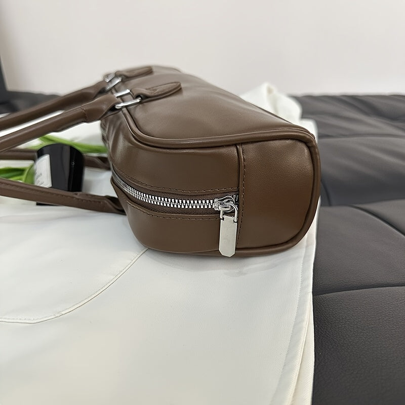 Vintage-Inspired Extra-Long Baguette Handbag for Women - Brown PU Two-Handle Zipper Tote